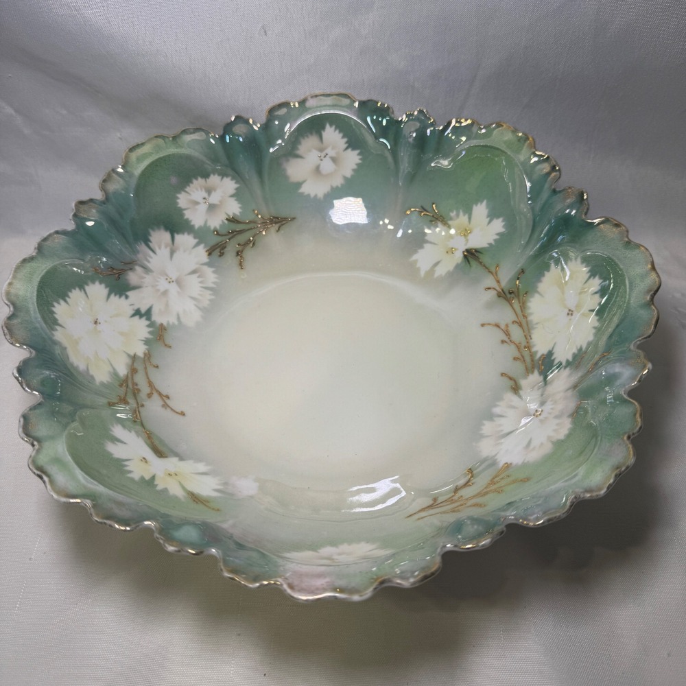 Royal Vienna Porcelain Scalloped Bowl Green White Floral Raised‎ Gold Gilt 9.5in